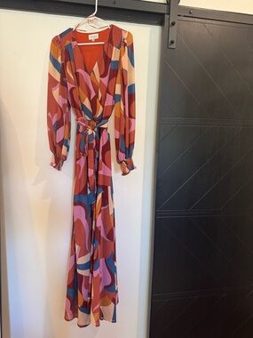 AURA Multicolor Abstract Print Long Sleeve Tie Front Dress - Size XS